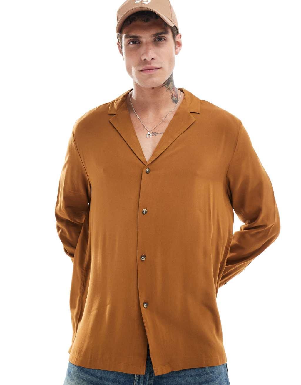 ASOS DESIGN relaxed deep camp collar viscose shirt in tan Product Image