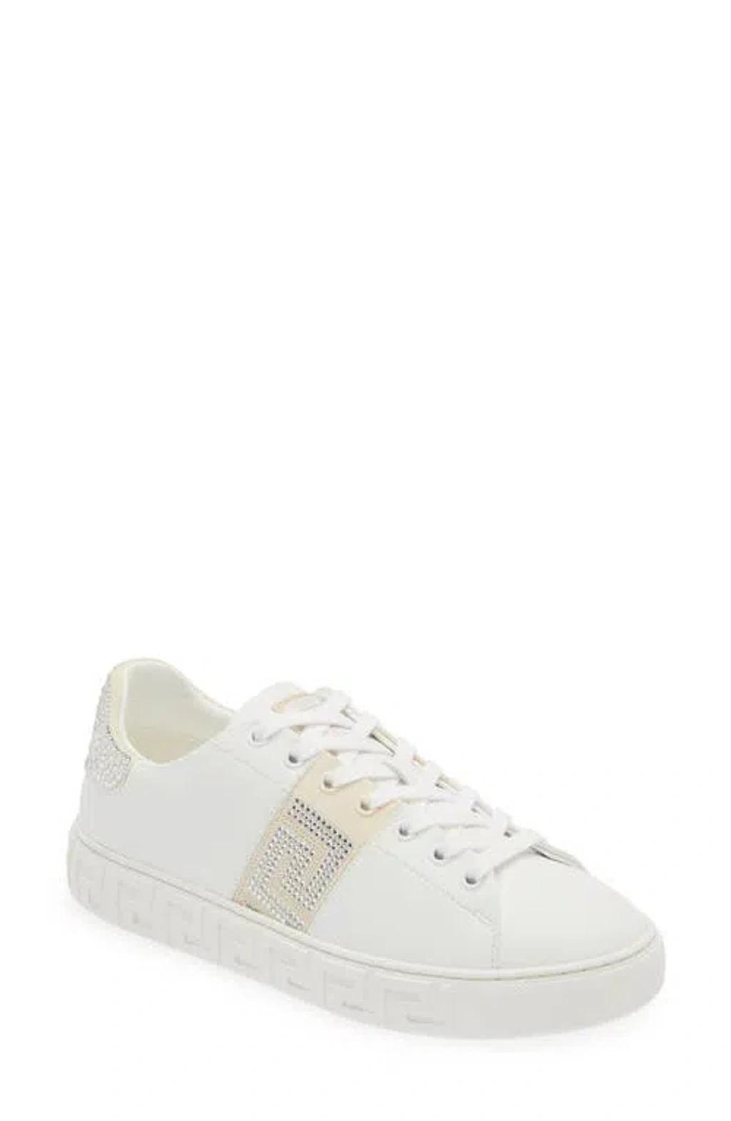 Crystal Greca Leather Sneakers In White Product Image