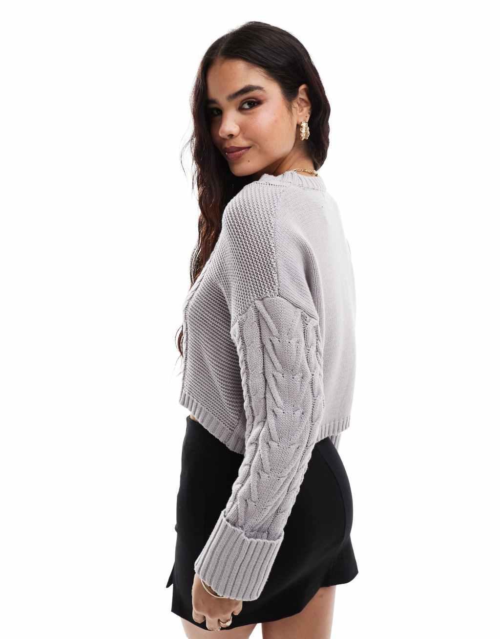 French Connection cropped cable knit sweater in light gray  Product Image