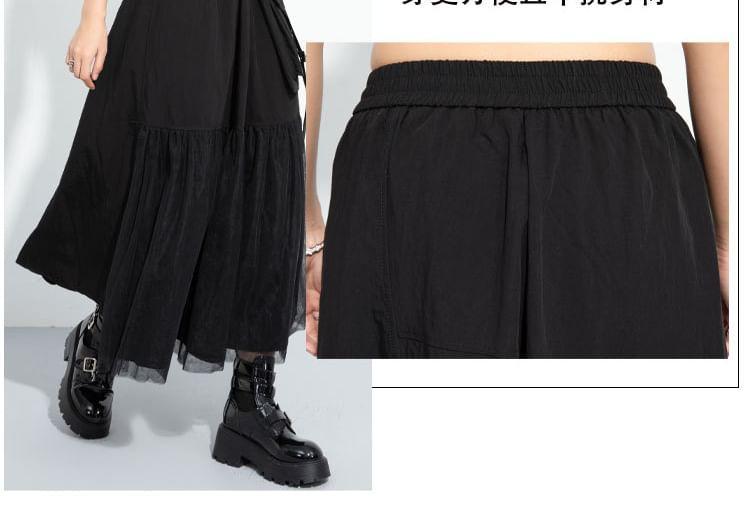 Elastic Waist Plain Flap Pocket Panel Mesh Maxi A-Line Skirt Product Image