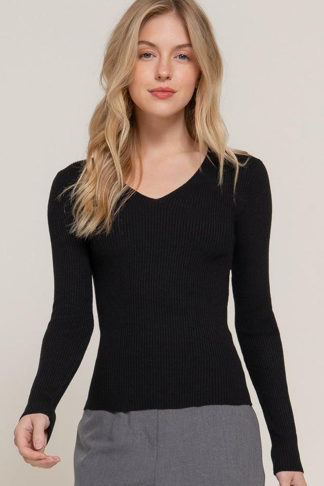 Long Sleeve V-Neck Fitted Viscose Rib Sweater Top Product Image