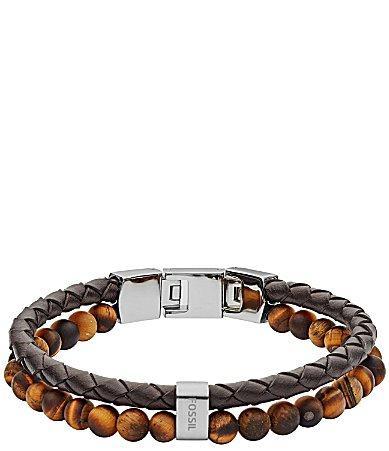 Fossil Mens Tigers Eye and Brown Leather Link Bracelet Product Image