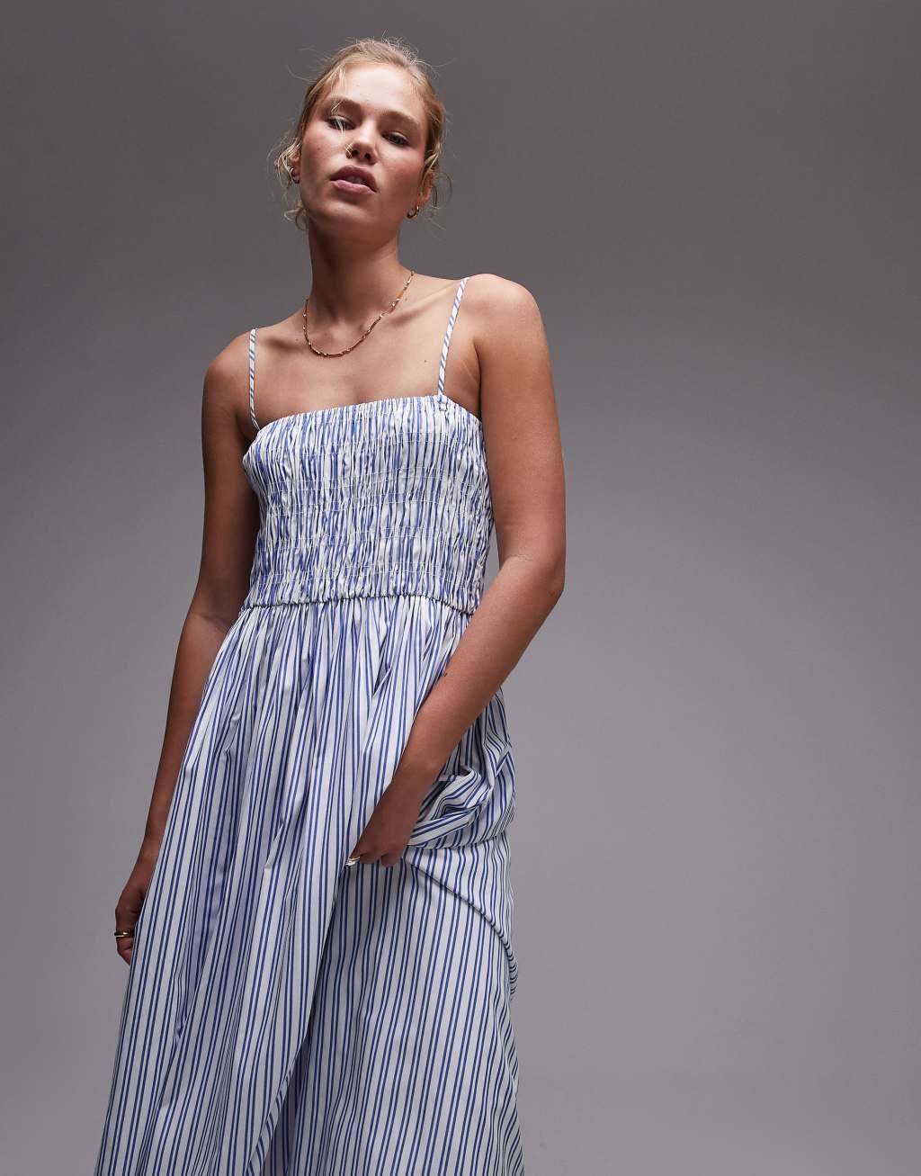 Topshop poplin maxi dress in blue stripe Product Image