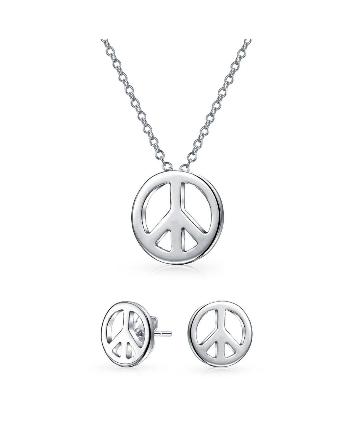 Bling Jewelry Tiny Minimalist Simple World Peace Sign Pendant Necklace Stud Earrings Jewelry Set For Women .925 Sterling Silver Product Image