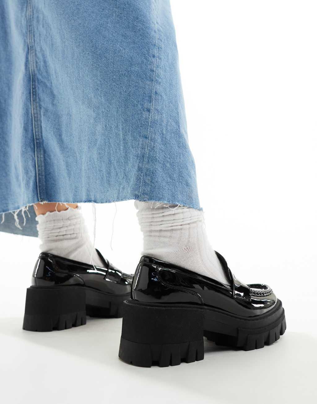 ASOS DESIGN Wide Fit Script chunky mid heel loafers Product Image