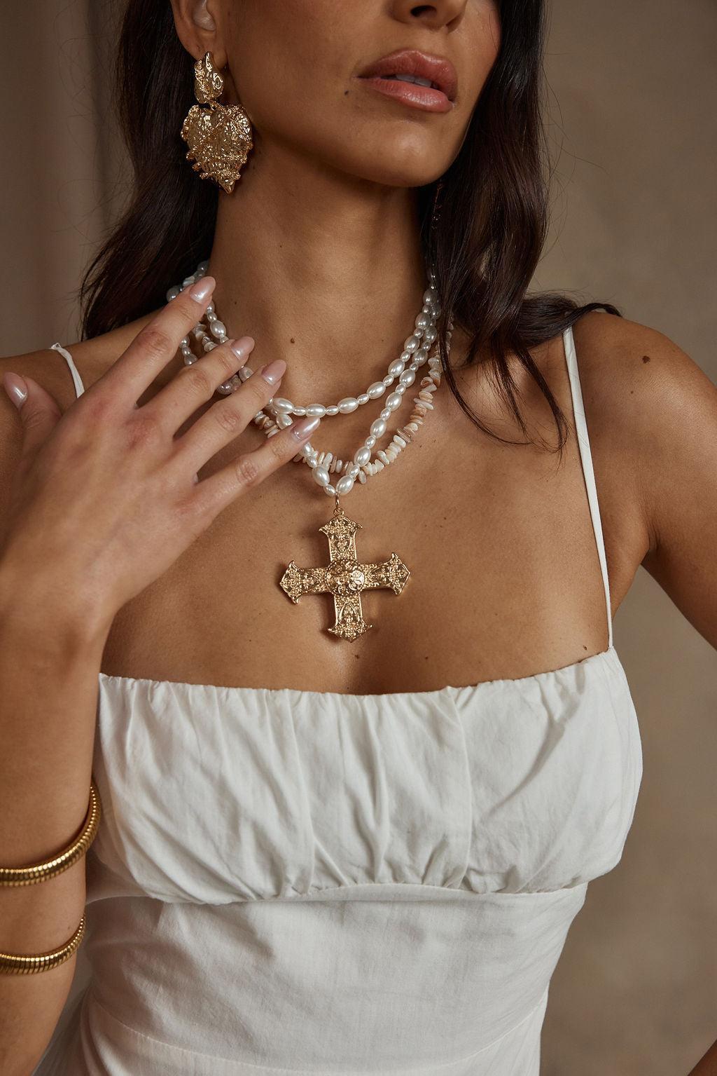 Angelica Gold Pearl Cross Statement Necklace Product Image