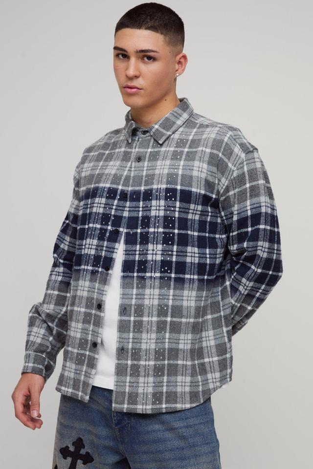 Oversized Rhinestone Washed Plaid Shirt | boohooMAN USA Product Image