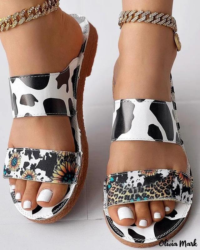 Olivia Mark – Leopard Print Double Strap Sunflower Cow Slides for Summer Product Image