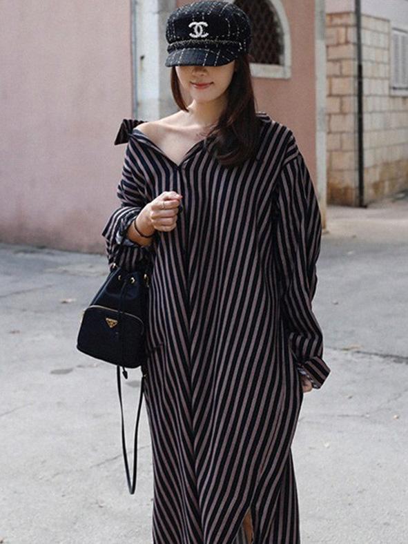 Loose Striped Lapel Split-joint Blouse Dress Product Image