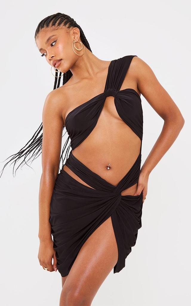 Black Slinky One Shoulder Twist Skirt Extreme Cut Out Bodycon Dress Product Image