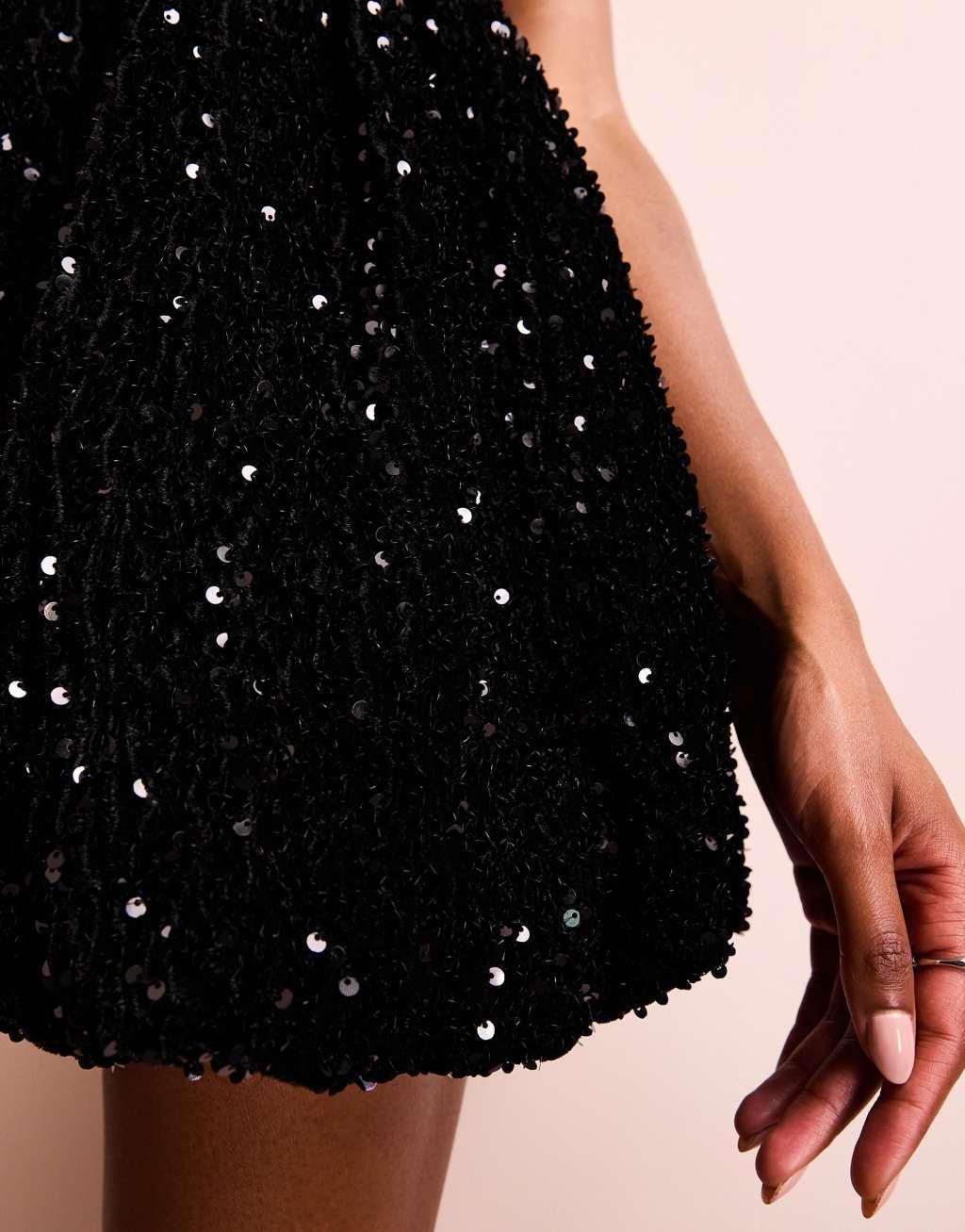 ASOS LUXE bubble hem mini dress in black sequin Product Image