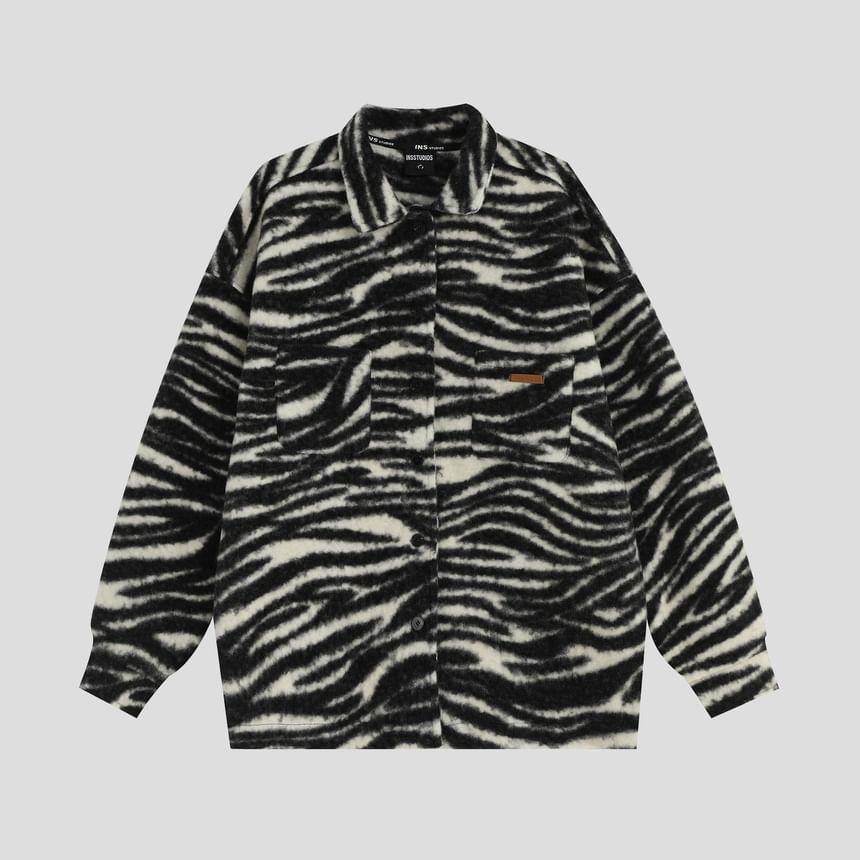 Collared Zebra Print Button-Up Jacket Product Image