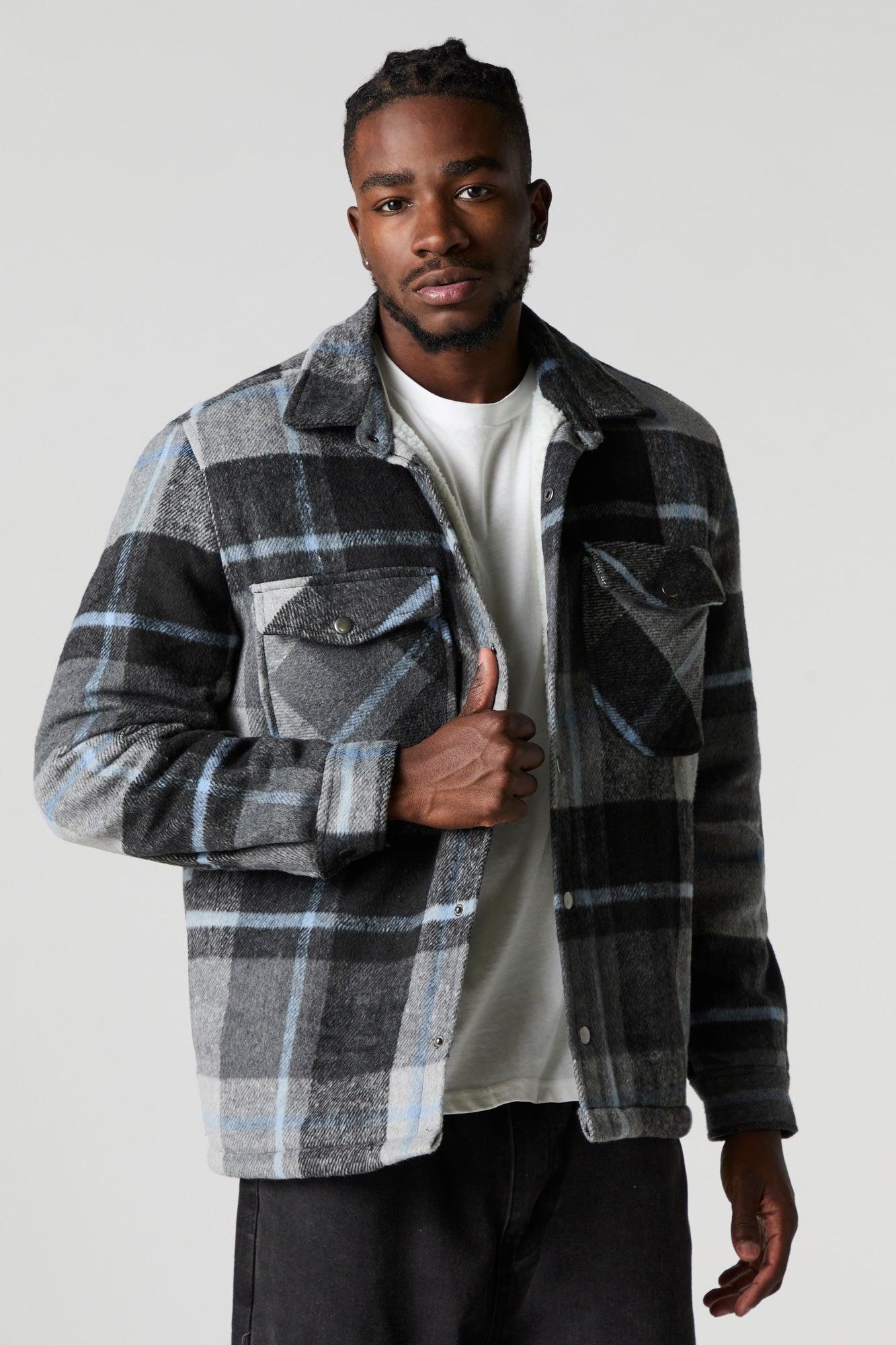 Sherpa Lined Plaid Flannel Shacket Male Product Image