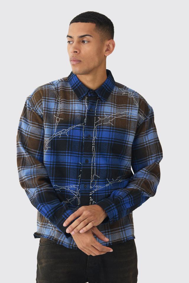 Oversized Boxy Rhinestone Washed Plaid Shirt | boohooMAN USA Product Image