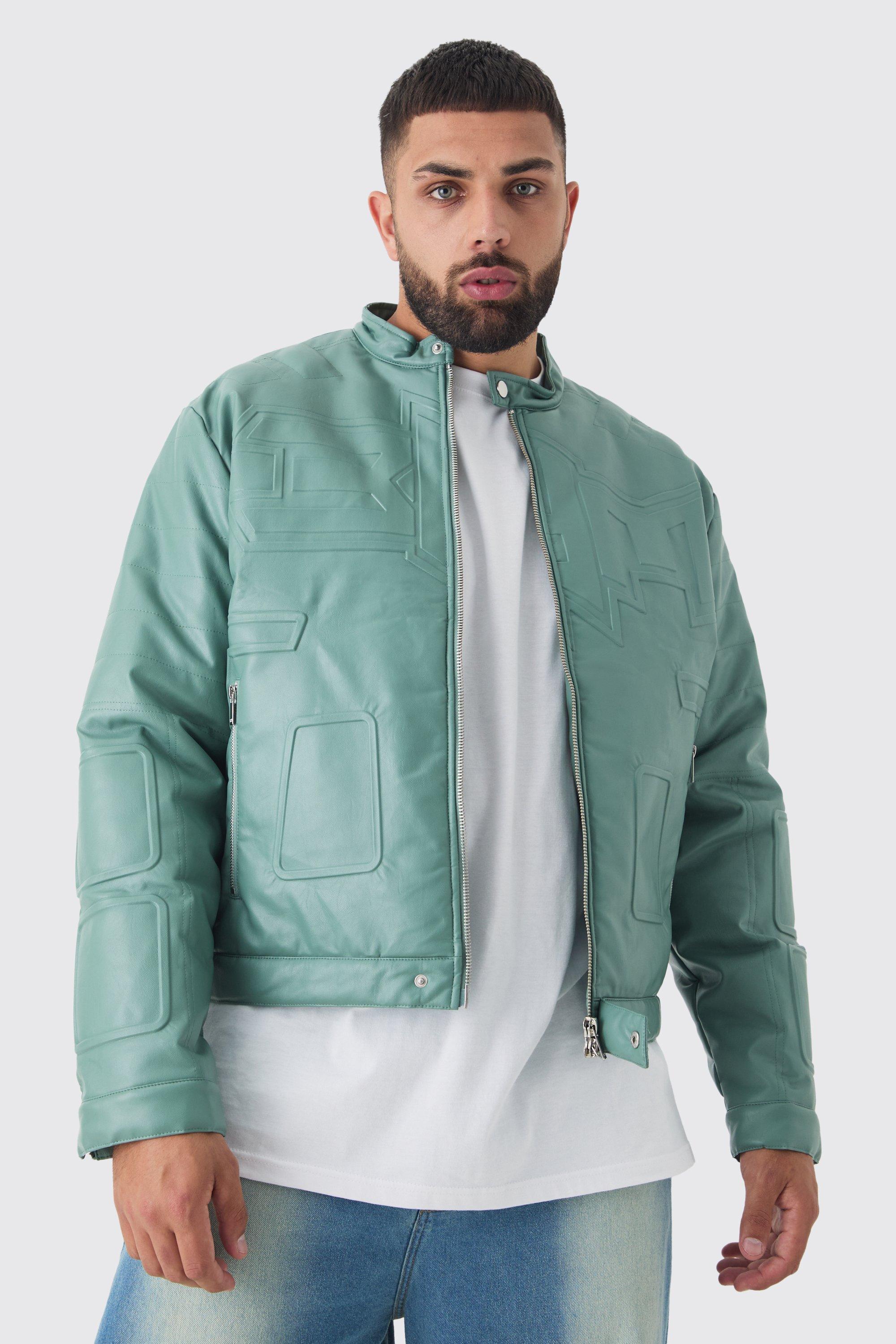 Mens Green Plus Boxy BHM PU Collarless Moto Biker Jacket In Sage, Green Product Image