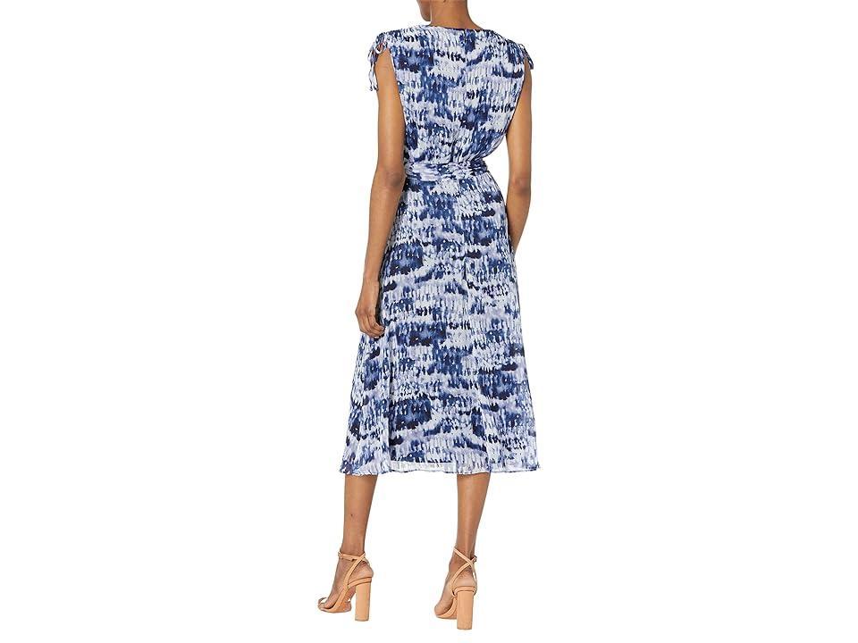 DKNY Ruched Sleeve V-Neck Midi Dress (Spring Navy Multi) Women's Clothing Product Image