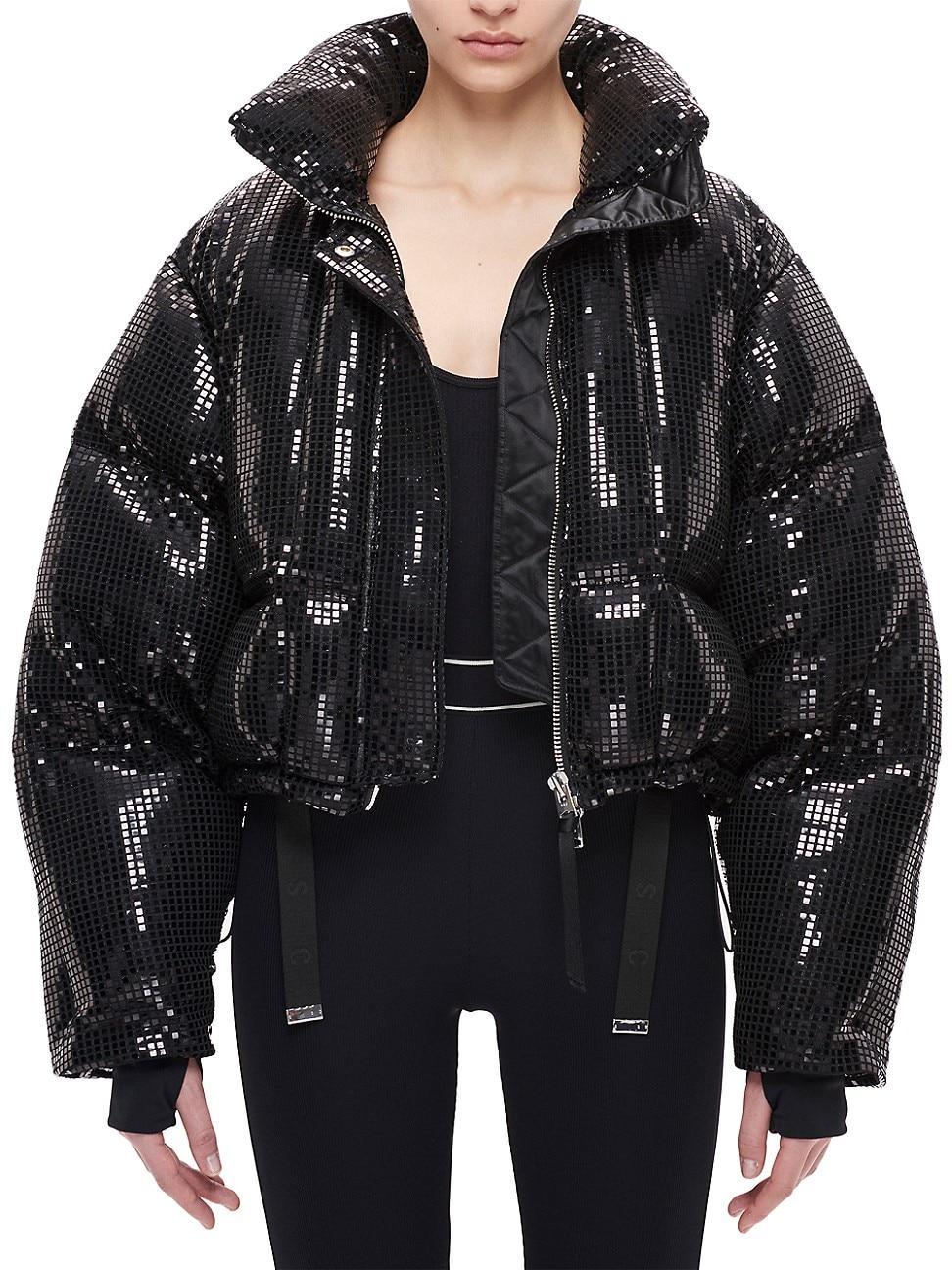 Womens Disco Sequined Cropped Puffer Jacket Product Image