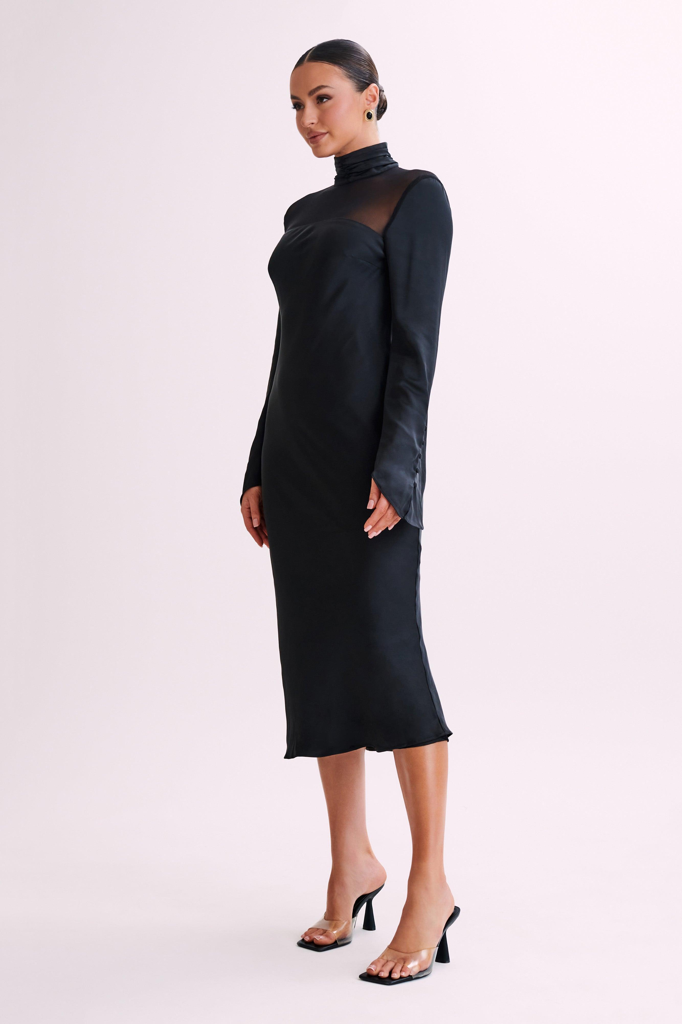 Patricia High Neck Satin Midi Dress - Black Product Image