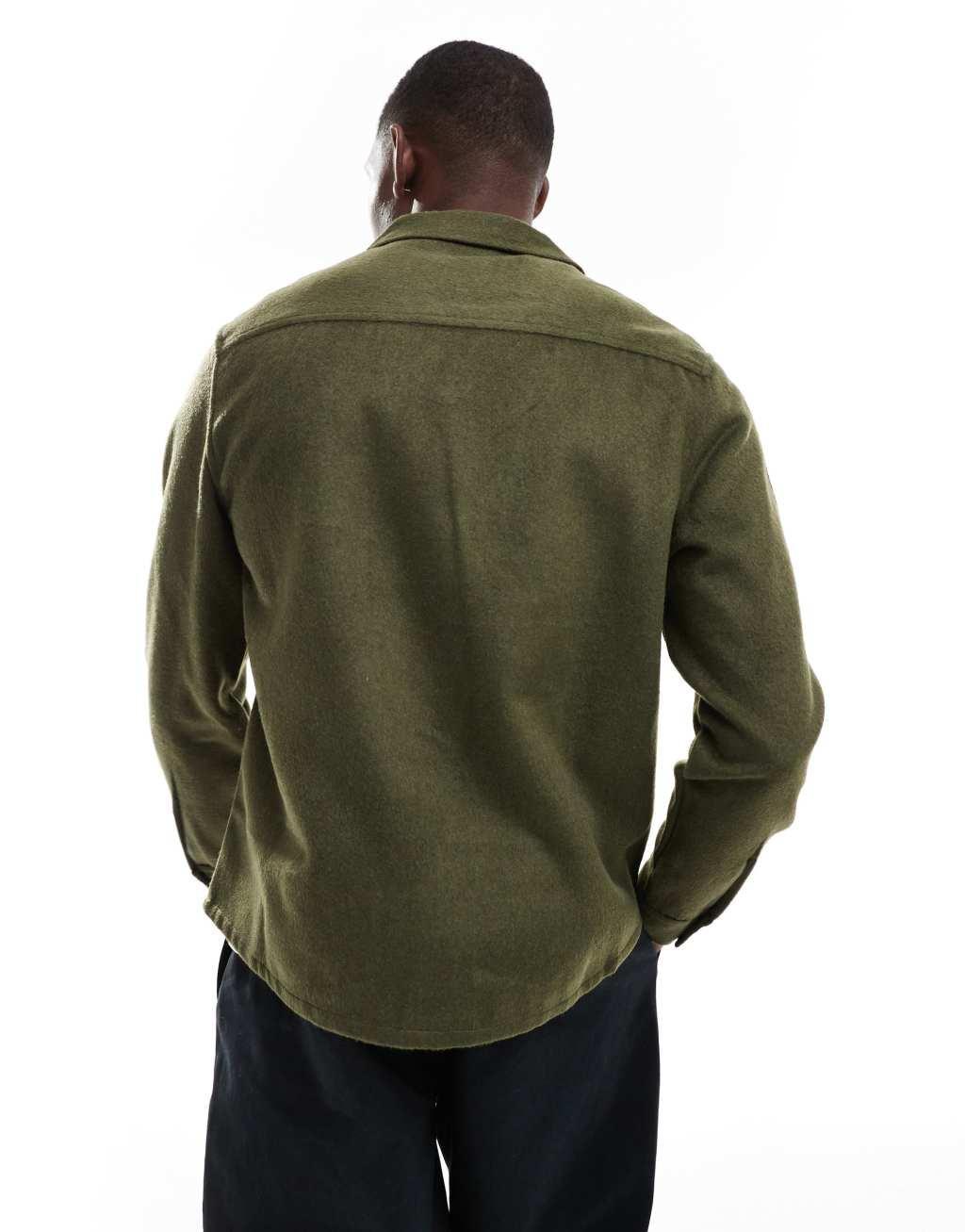 ASOS DESIGN brushed wool look overshirt with camp collar in khaki Product Image