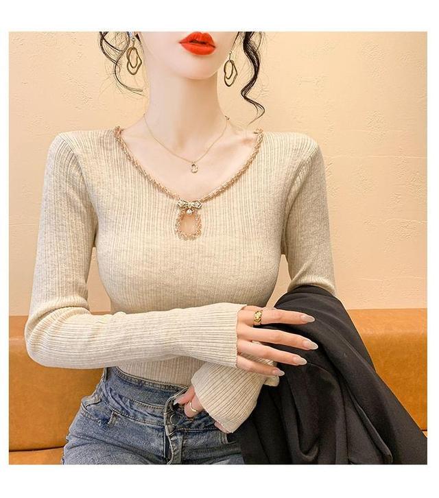 Long Sleeve V-Neck Beaded Keyhole Ribbed Knit Top Product Image