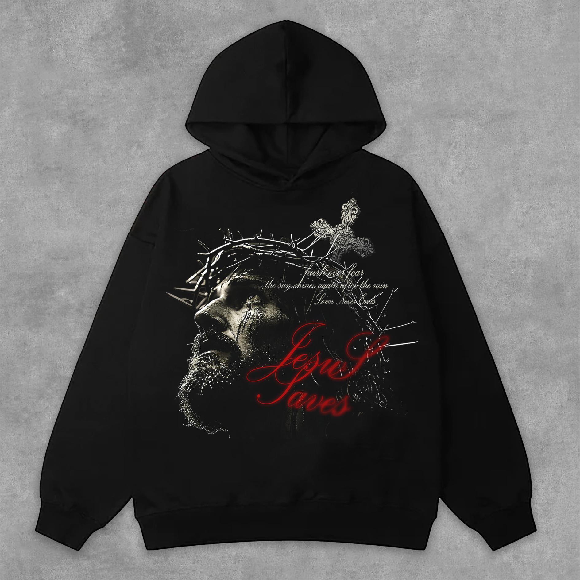 Retro Jesus Cross Faith Graphic Print Side Pockets Hoodie Product Image