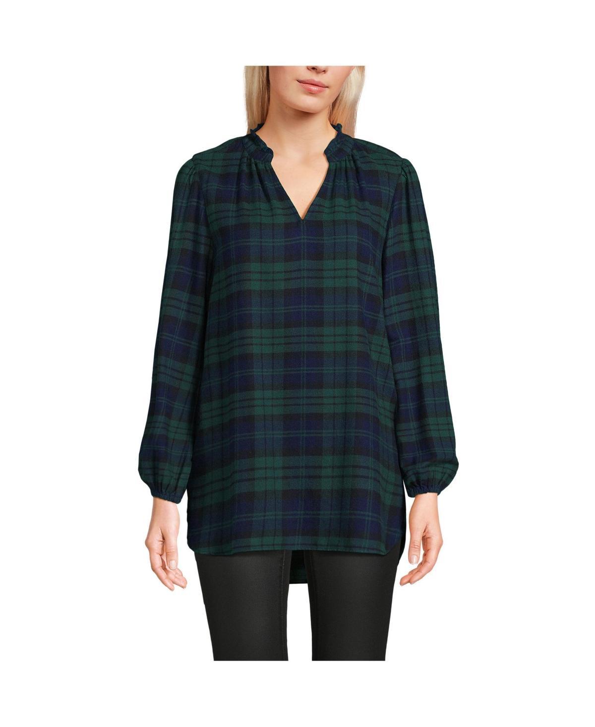 Womens Lands End Brushed Flannel Ruffle Split Neck Tunic Deep Green Plaid product image