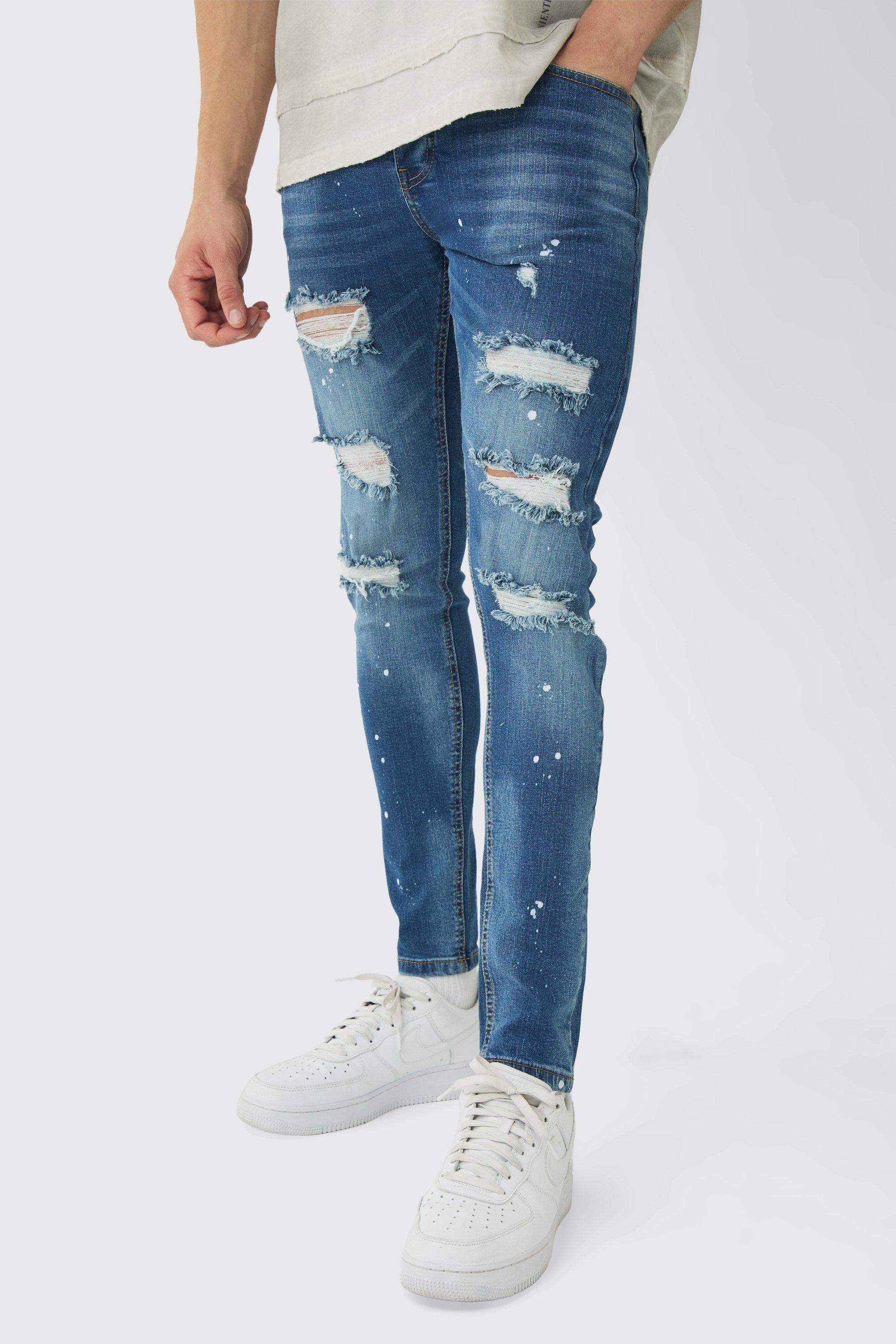 Skinny Stretch Rip & Repair Paint Splatter Jeans | boohooMAN USA Product Image