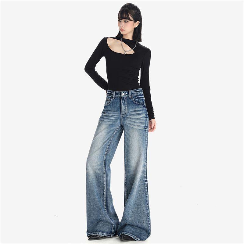 High Rise Washed Flared Jeans (Various Designs) Product Image