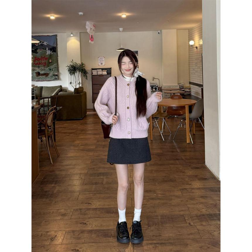 Round Neck Plain Cable-Knit Cardigan Product Image