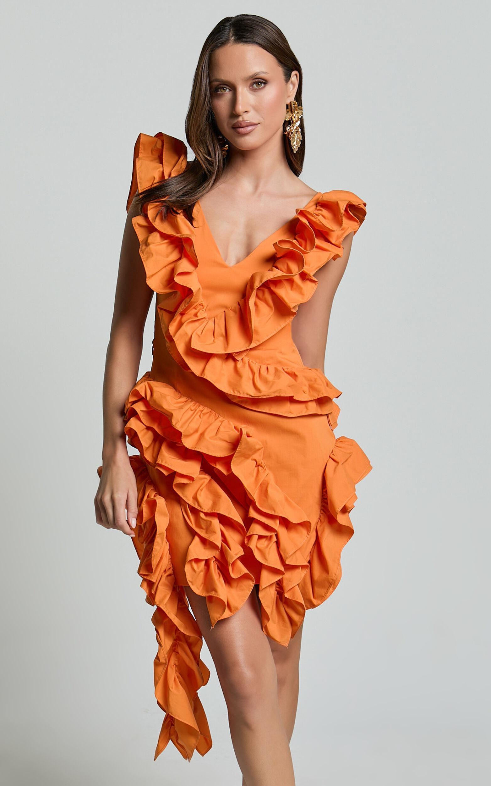 Amalie The Label - Lilou Ruffle Detail Cut Out Mini Dress in Orange Product Image