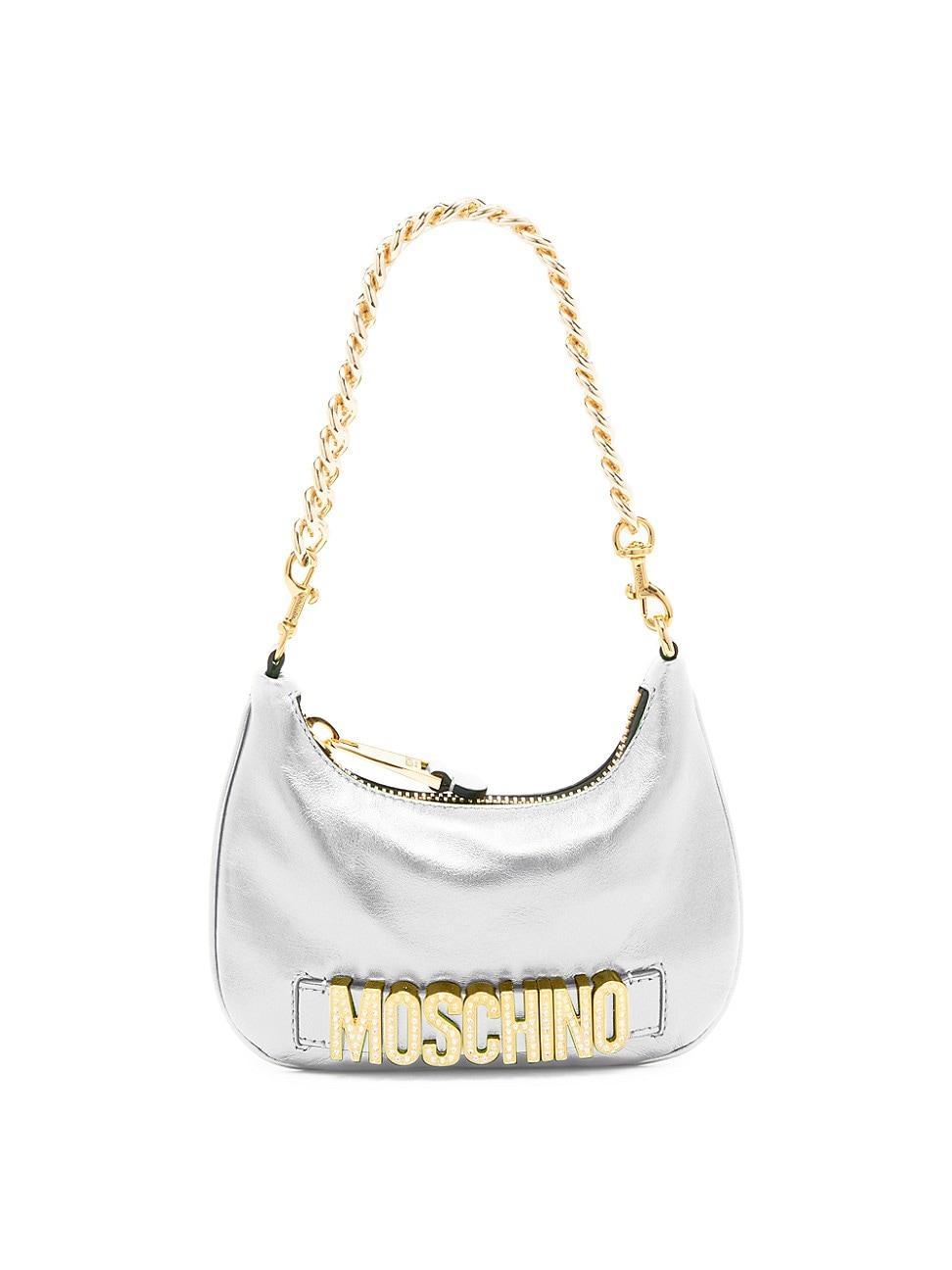 Womens Metallic Leather Crystal-Logo Crescent Shoulder Bag Product Image