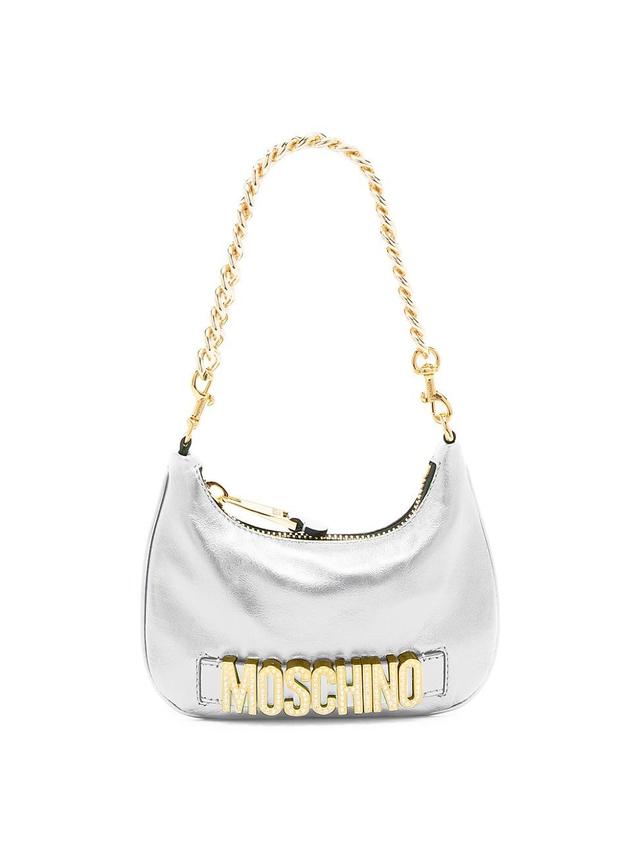 Womens Metallic Leather Crystal-Logo Crescent Shoulder Bag Product Image