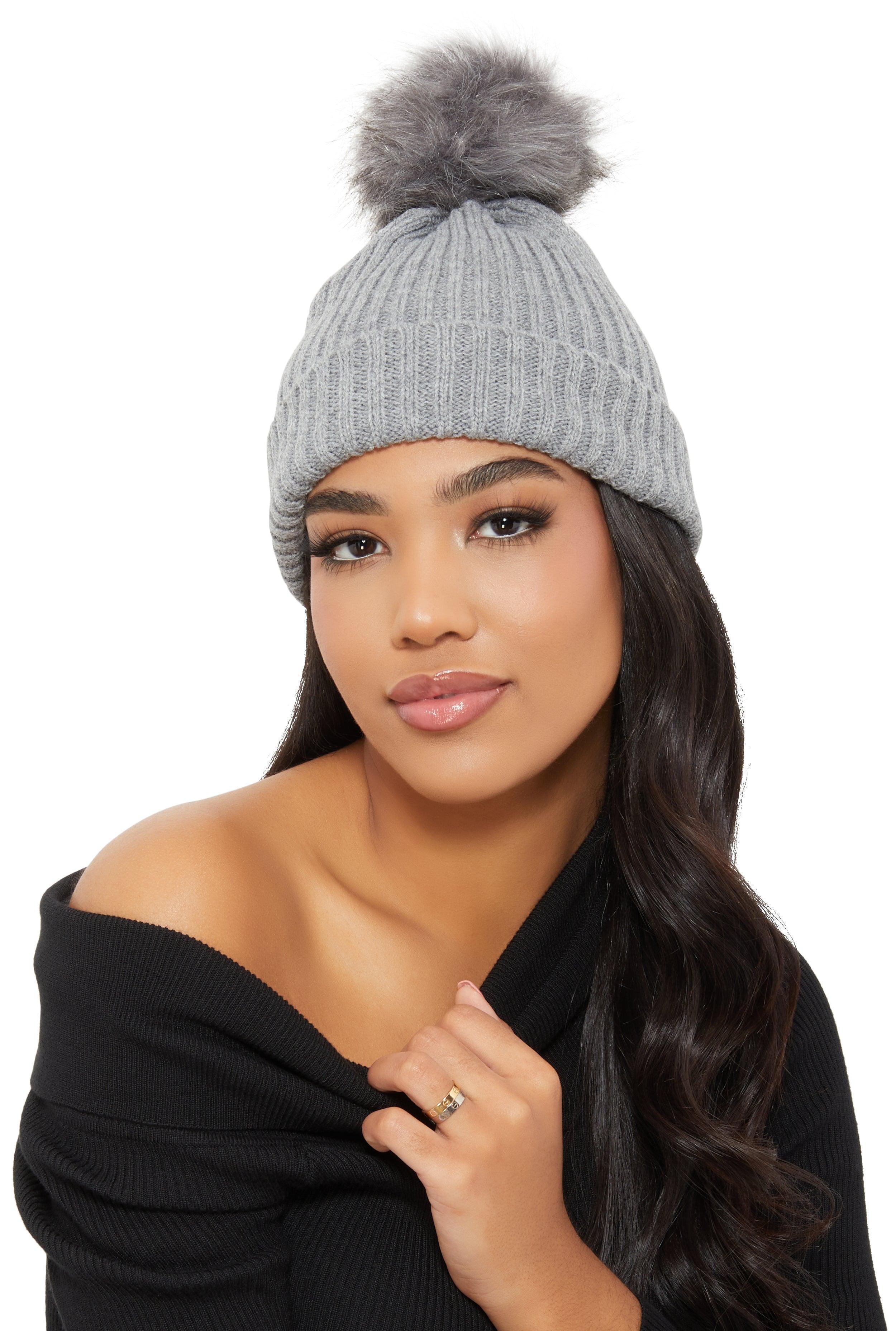 Ribbed Knit Faux Fur Pom Pom Beanie Female Product Image