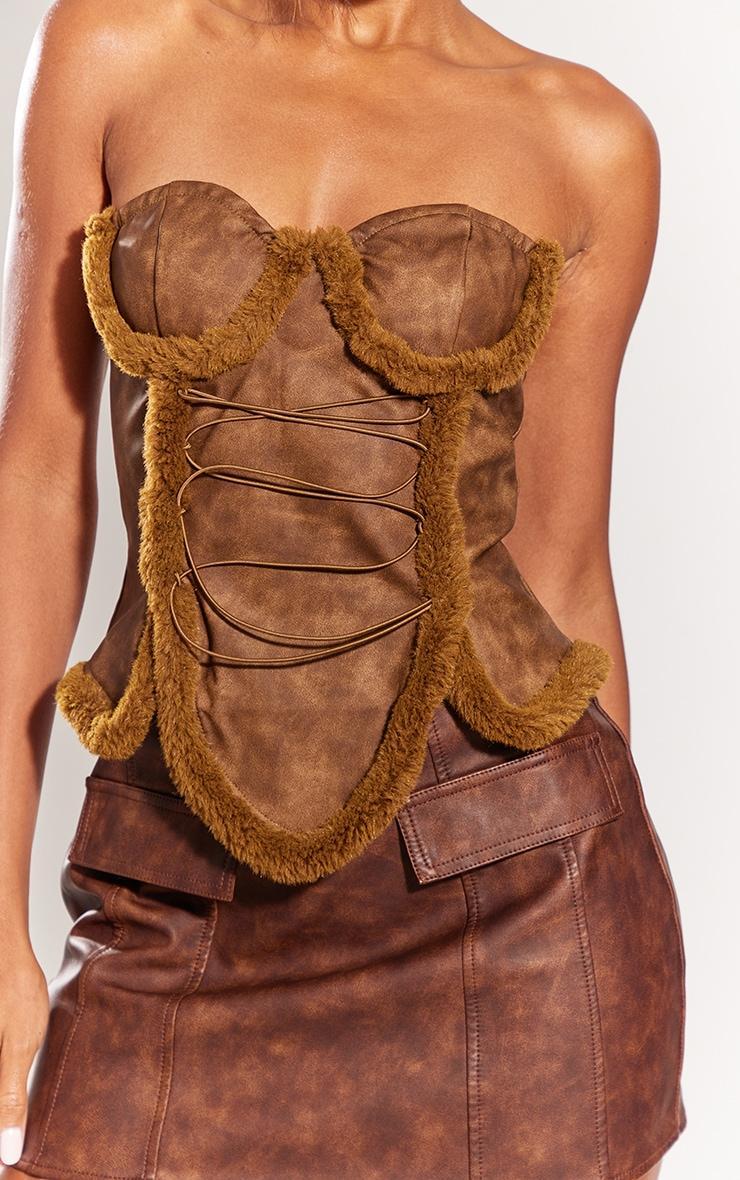 Brown Washed Faux Leather Lace Up Front Fur Trim Under Wire Crop Top Product Image