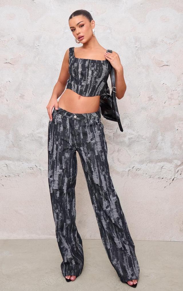 Black Jacquard Style Wide Leg Jeans Product Image