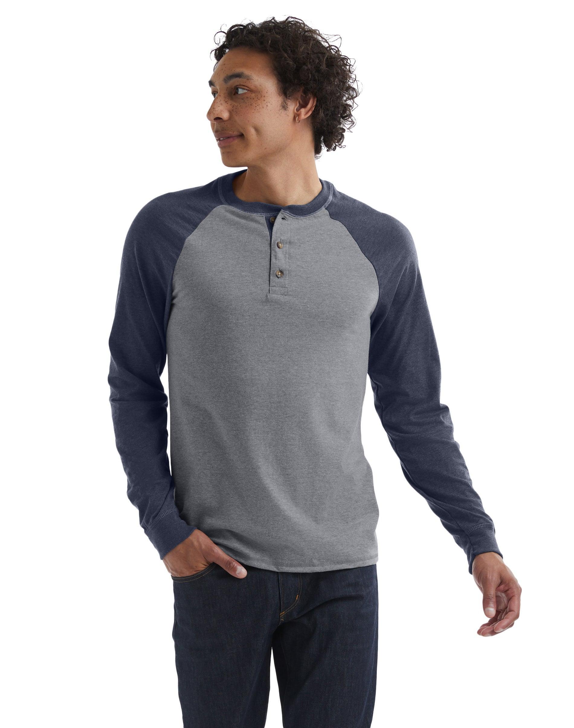 Mens Hanes Beefy Heavyweight Colorblock Raglan Henley Oxford Gray Grey Product Image