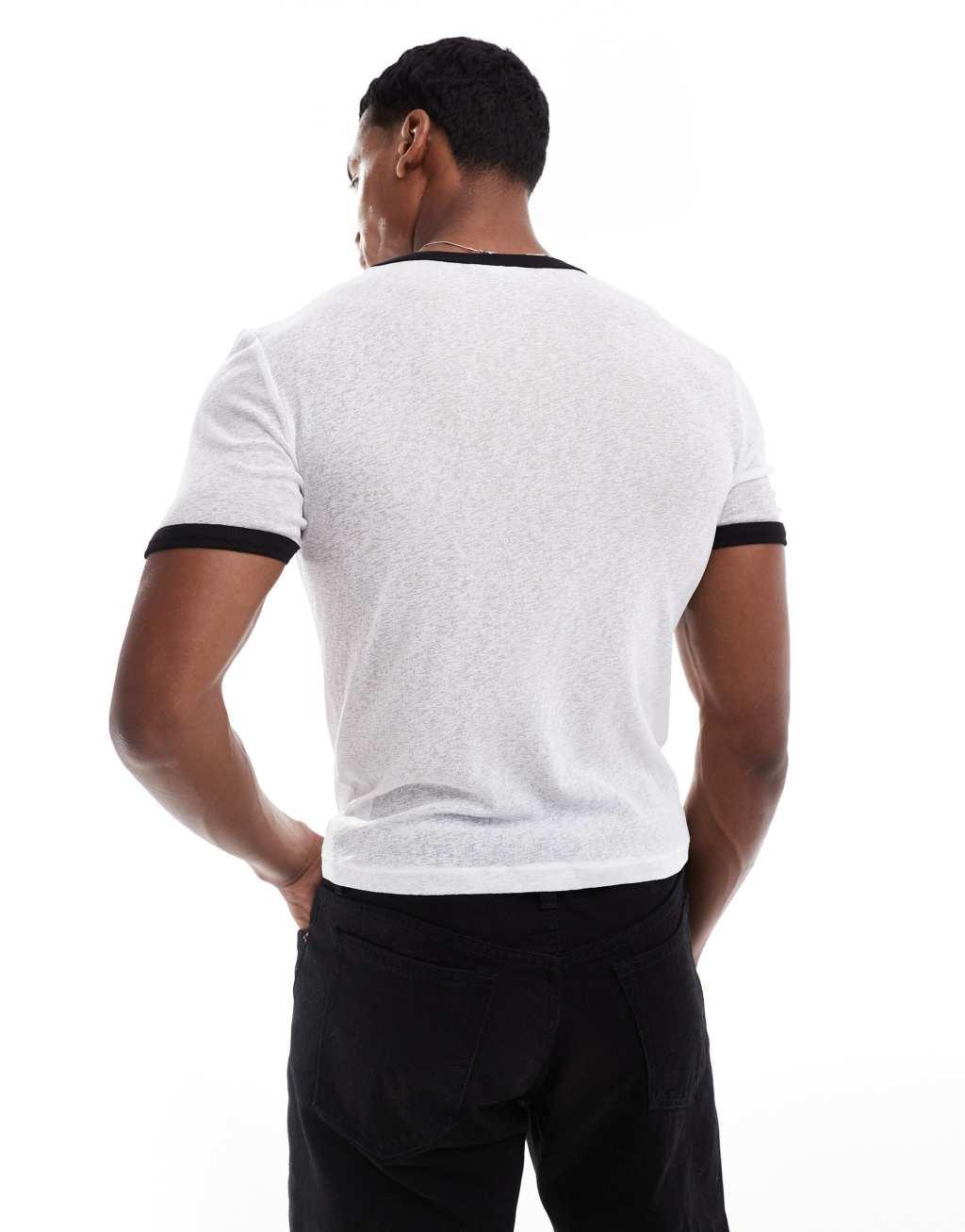 ASOS DESIGN muscle fit ringer t-shirt in white fabric with chest print Product Image