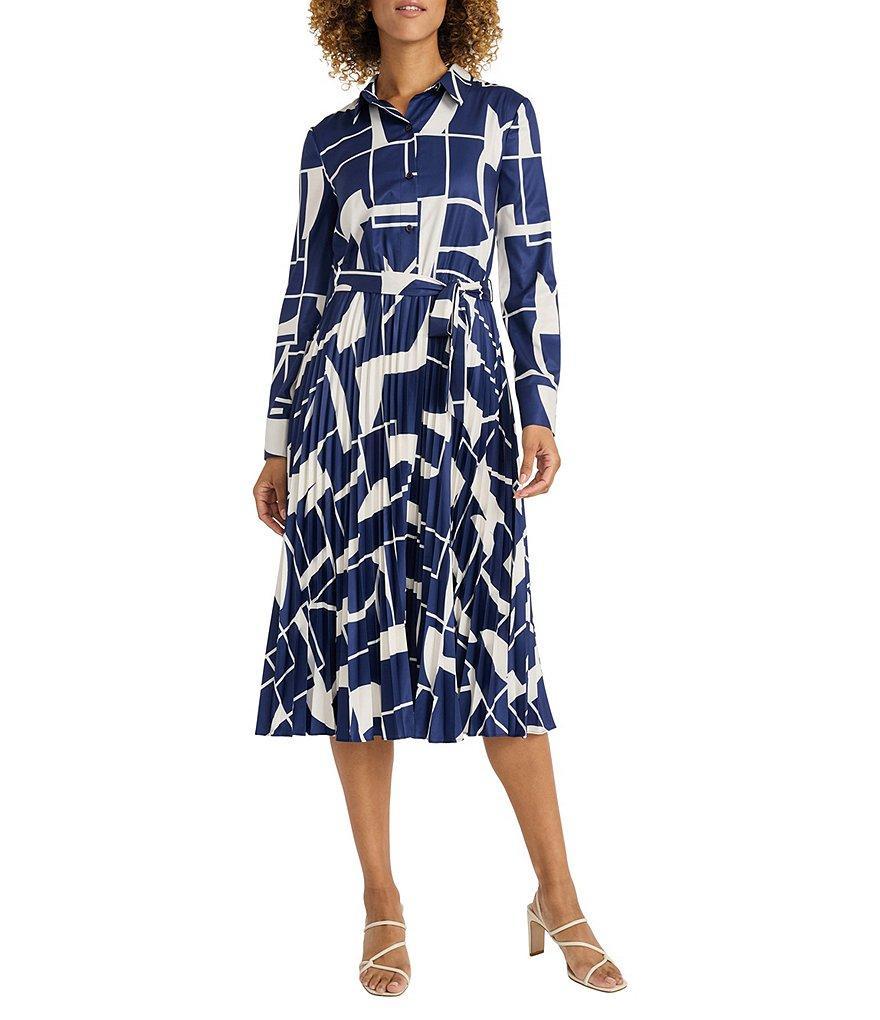 Maggy London Geometric Abstract Print Button Down Collar Neck Long Sleeve Pleated Tie Front Midi Dress Product Image