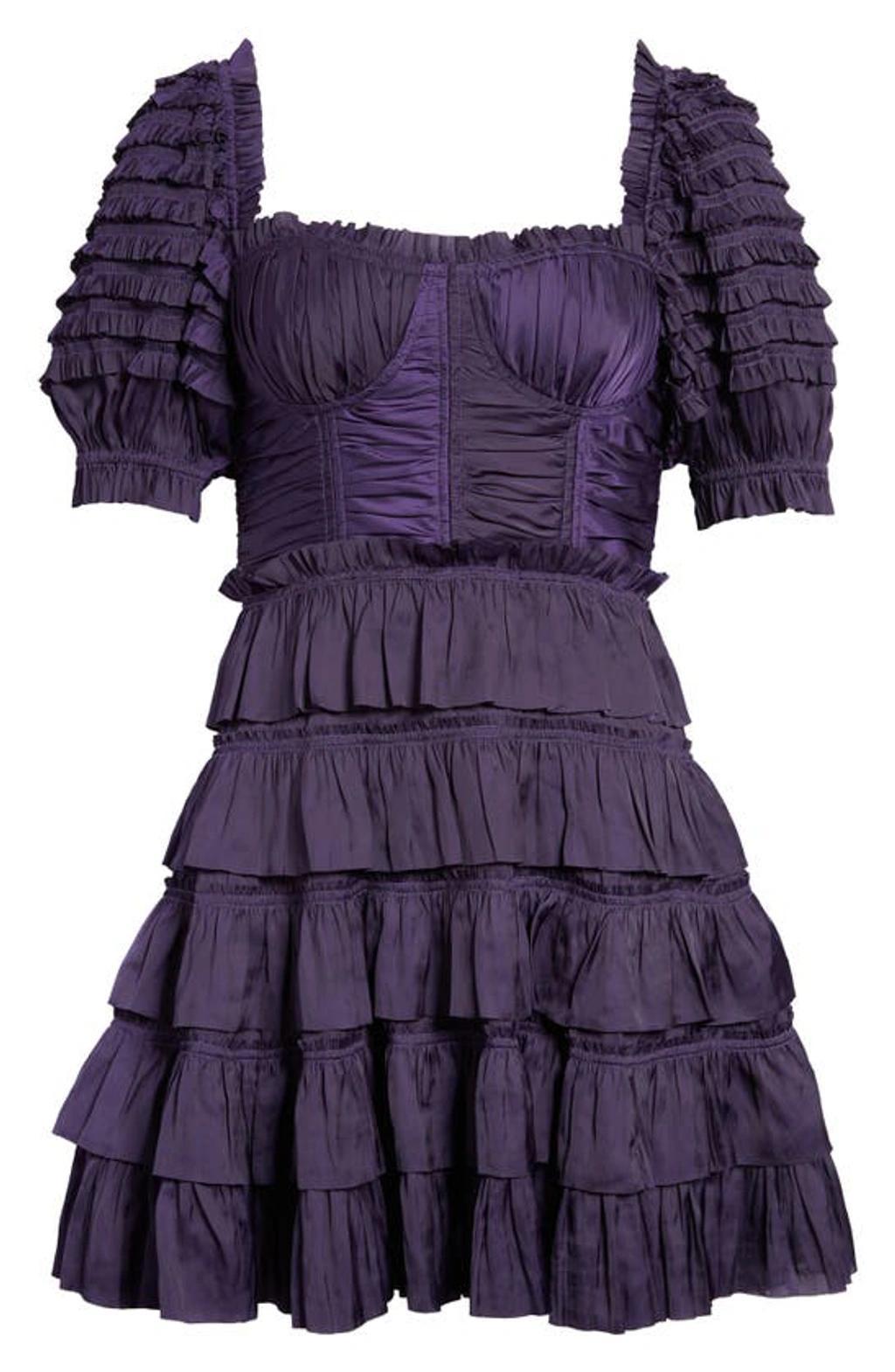 Lucette Tiered Ruffle Bustier Mini Dress In Purple Product Image