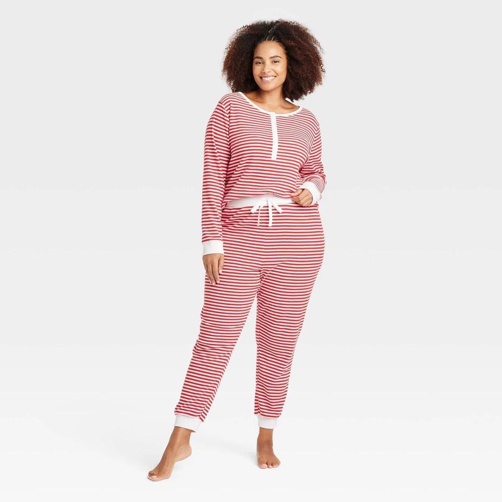 Womens Striped Thermal Long Sleeve Henley Top and Jogger Pants Pajama Set - Auden Red 1X Product Image