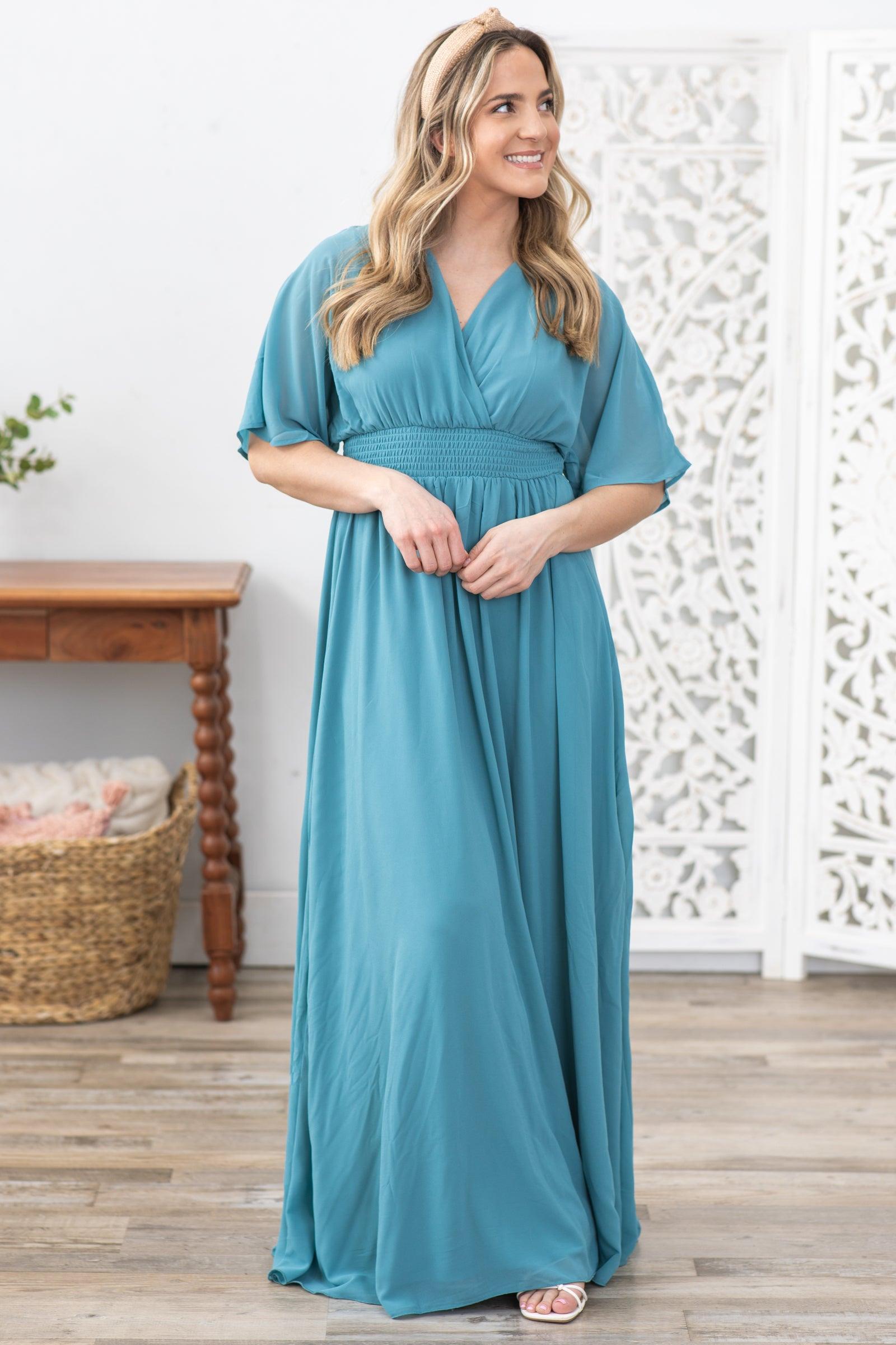 Dusty Teal Leg Slit Maxi Dress Product Image