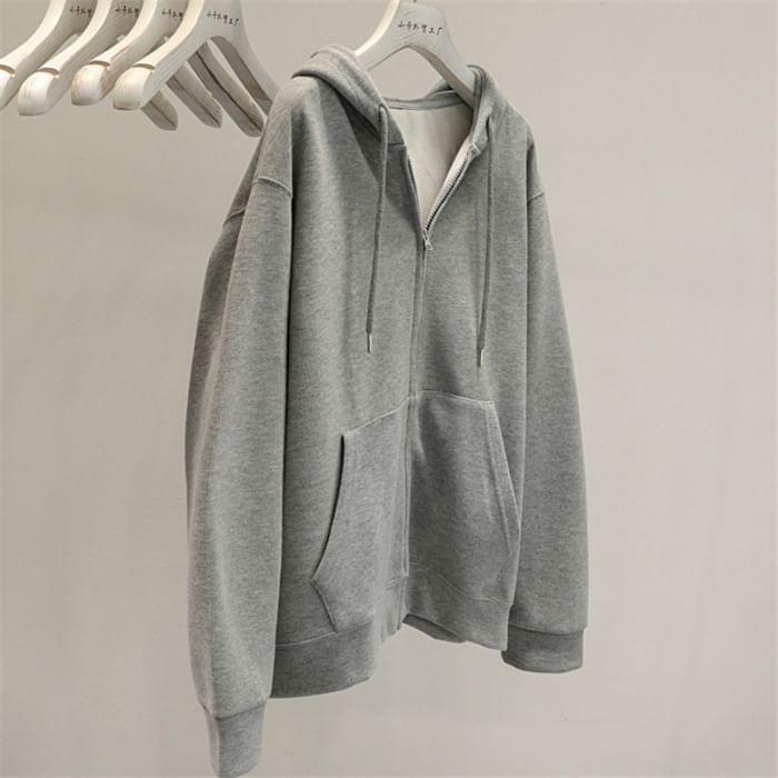 Drawstring Drop Shoulder Plain Zip Up Oversized Hoodie Product Image