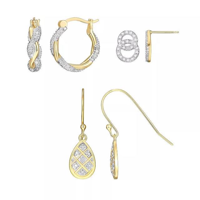 18k Gold Over Silver & Diamond Accent Hoop & Stud Earring Set, Womens, White Product Image