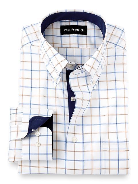 Non-Iron Cotton Check Dress Shirt With Contrast Trim - Blue/tan Product Image