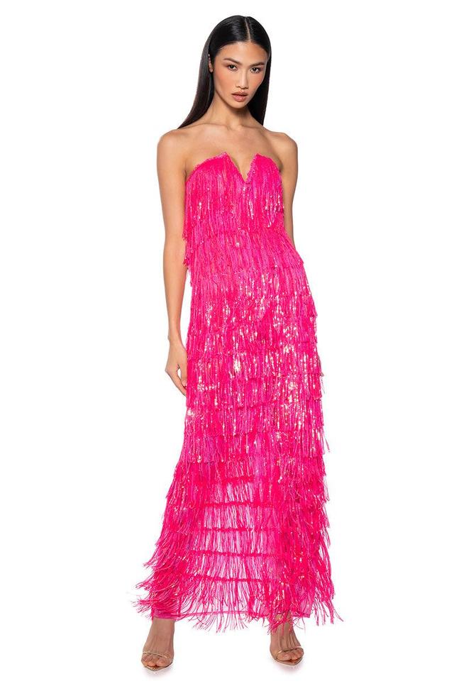 TOP OF THE WORLD STRAPLESS SEQUIN FRINGE MAXI DRESS IN FUCHSIA Product Image