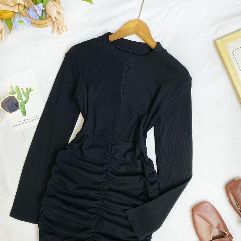 Long Sleeve Crew Neck Plain Ruched Bodycon Mini Dress Product Image