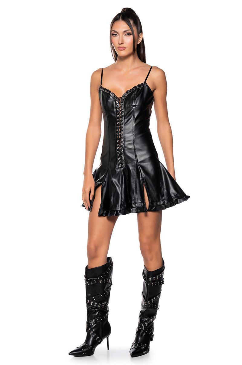 NIGHT OUT LACE UP FAUX LEATHER MINI DRESS Product Image