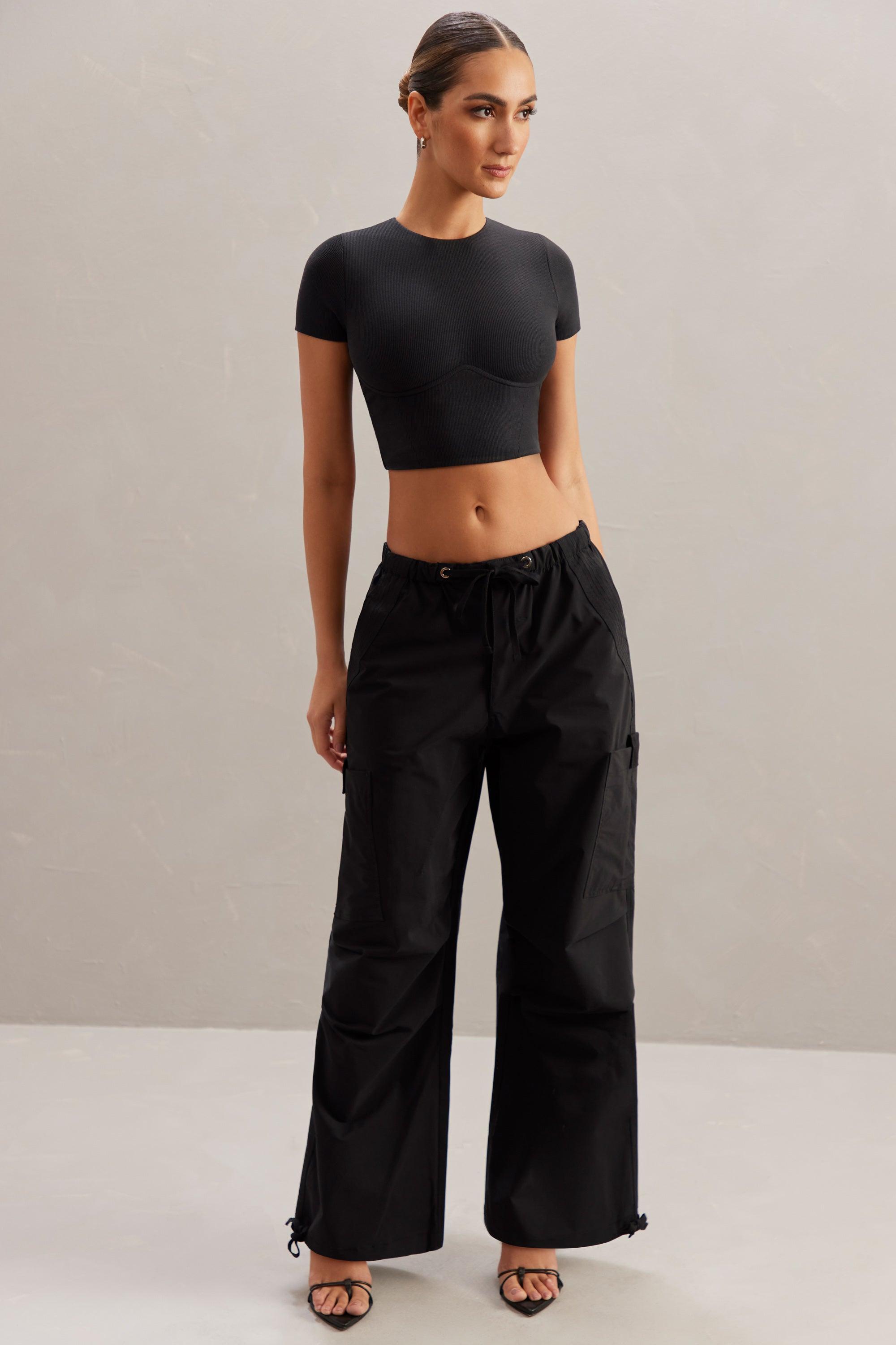 Wide Leg Cargo Trousers in Black Product Image