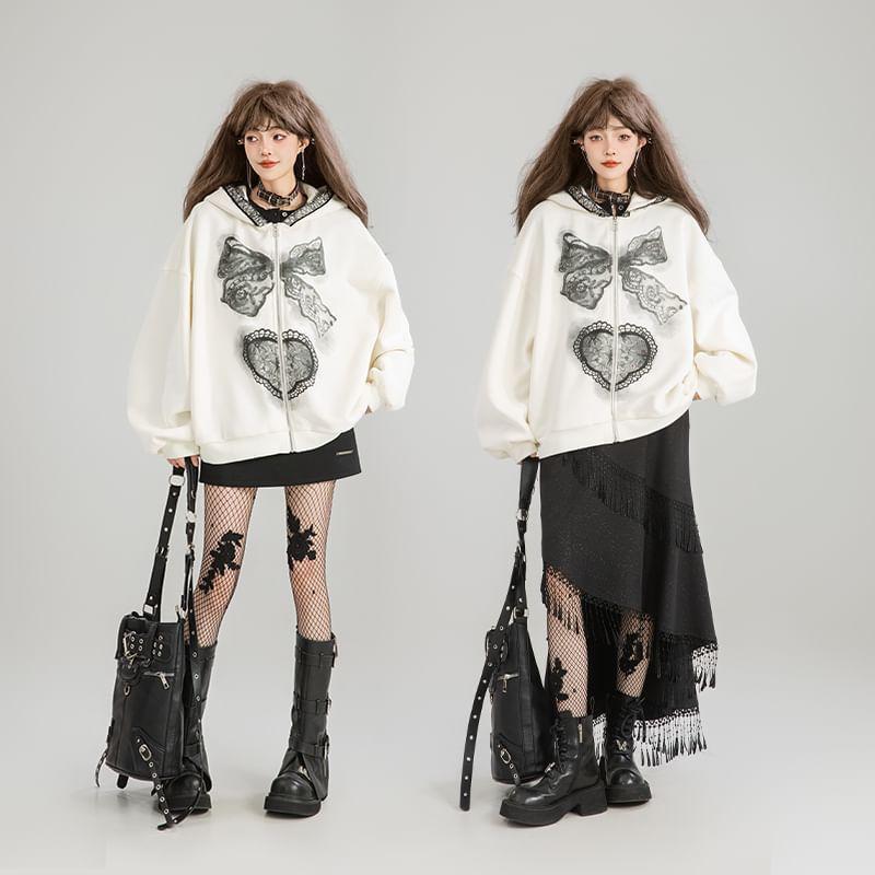 Drop Shoulder Bow Print Oversized Zip Hoodie / Mid Waist Fringe Midi A-Line Skirt Product Image