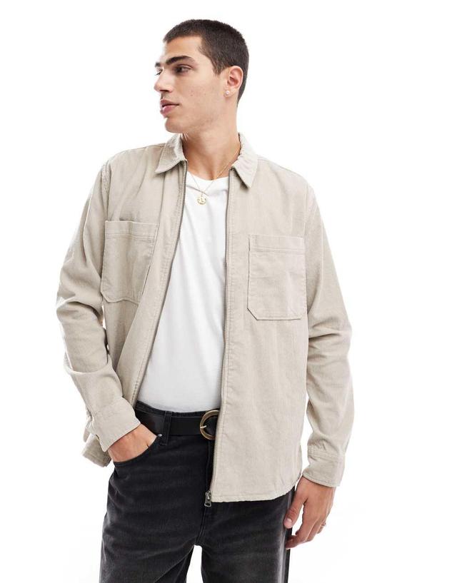 ONLY & SONS zip through cord overshirt in stone Product Image